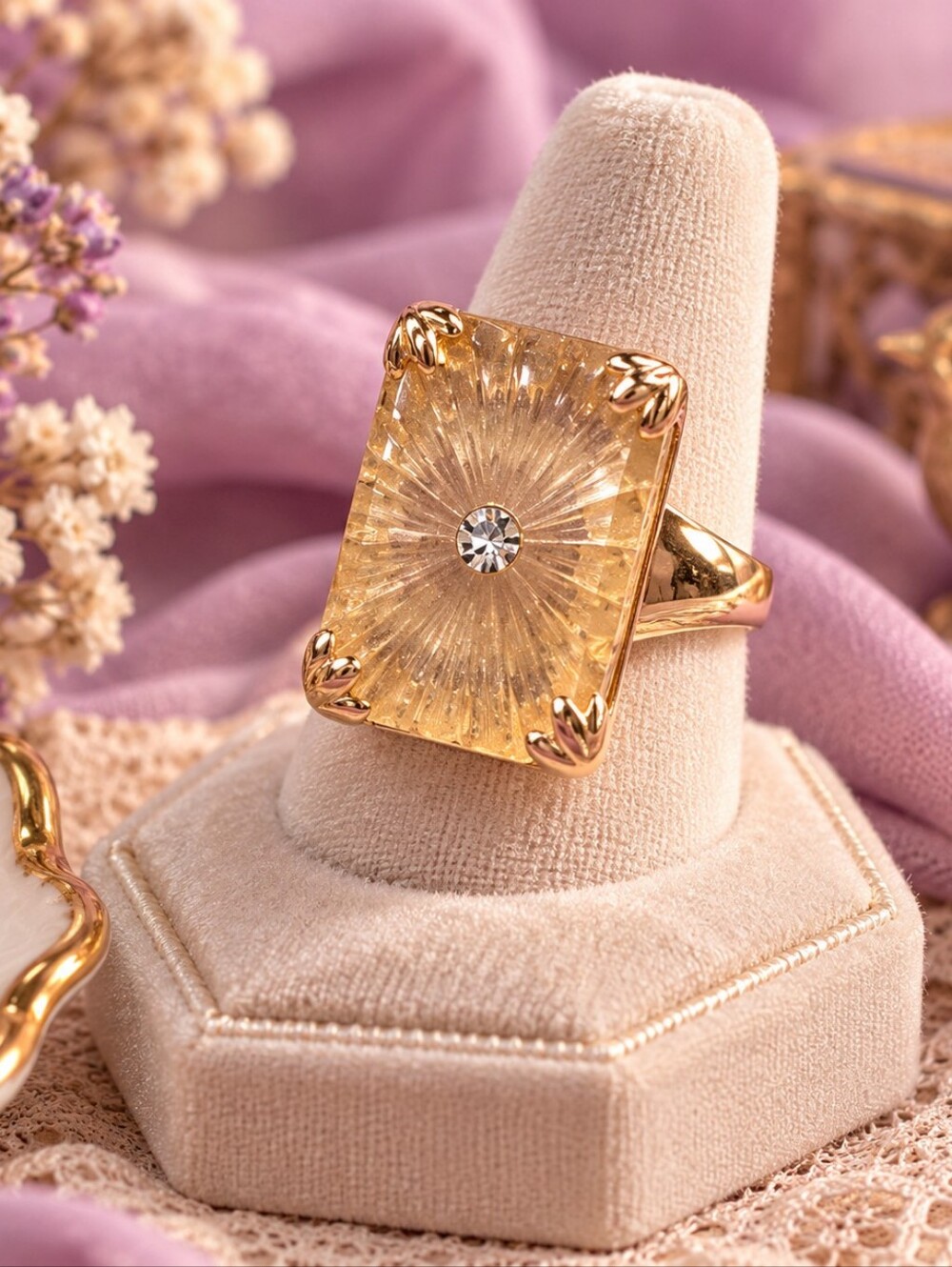☀️Gold-Tone Rectangular Sunburst Ring with Center Stone